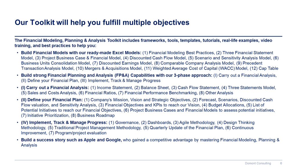 Financial Modeling, Planning & Analysis Toolkit-Domont Consulting
