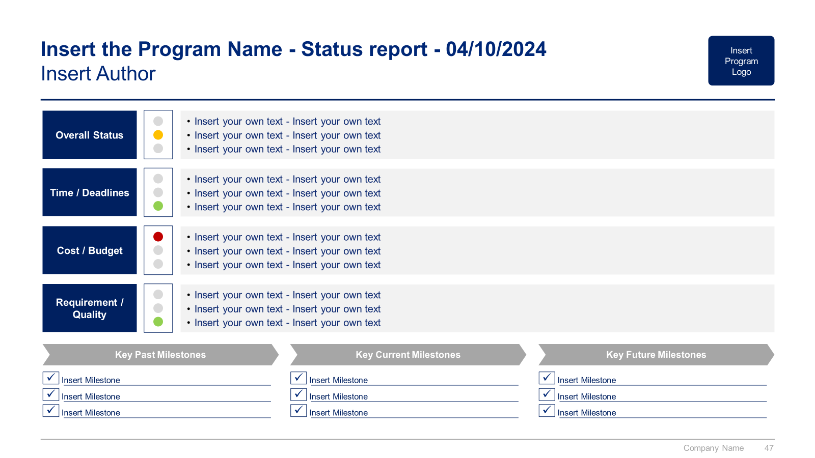 PowerPoint slide: program status report with overall status, time, cost, quality and key milestones